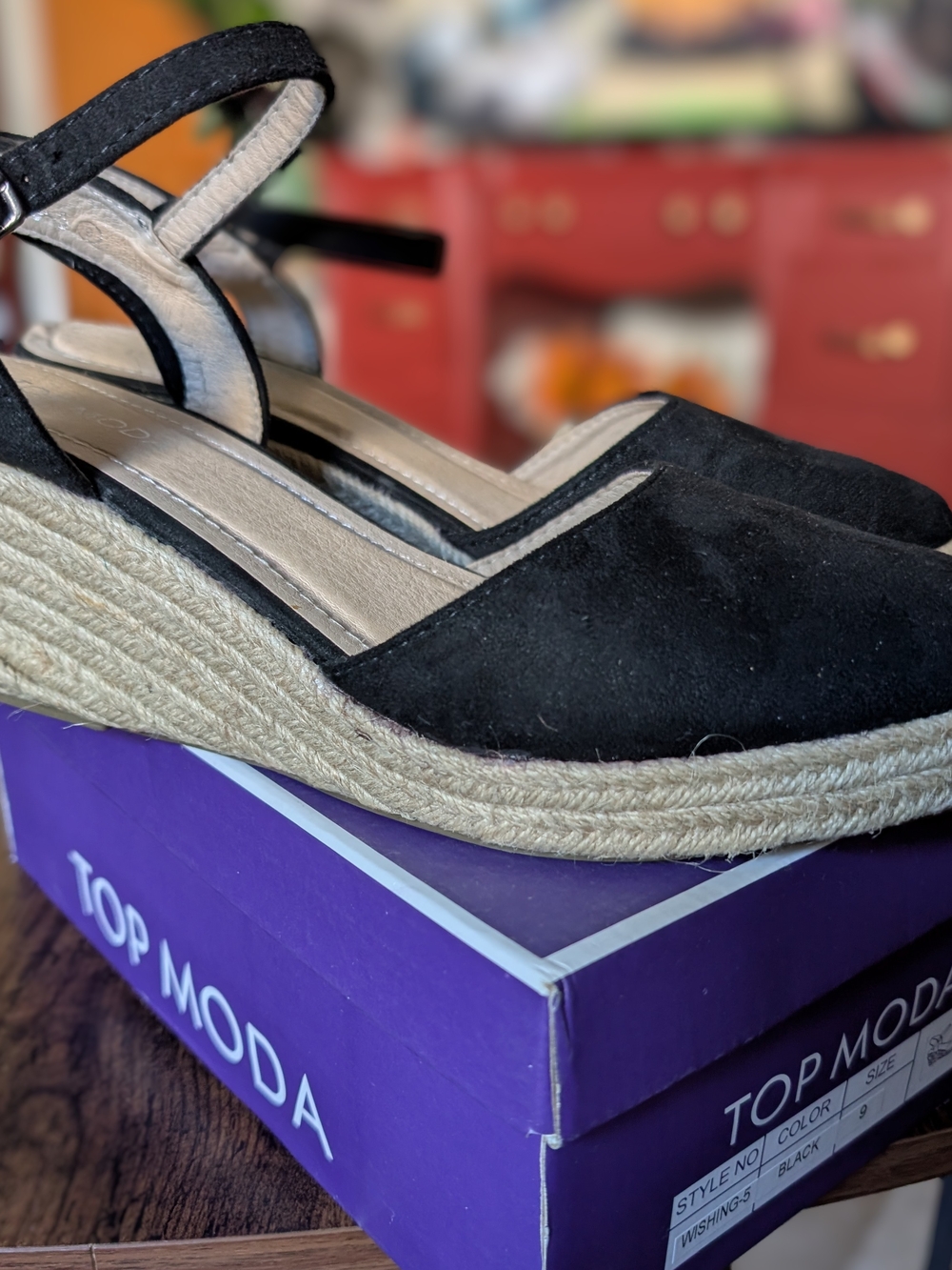 TOP Moda Black Espadrille Wedge Sandals with Ankle Strap